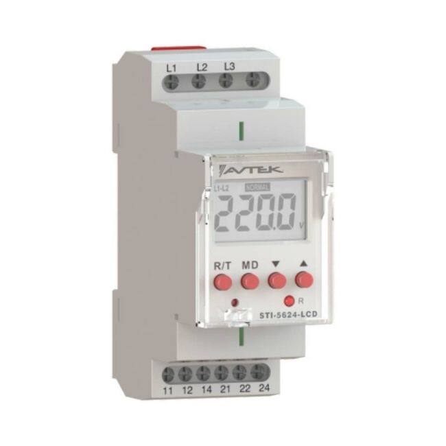 Avtek STI-5624-LCD — Supervisor de voltaje trifásico con pantalla LCD, 220 a 460 VAC, riel DIN