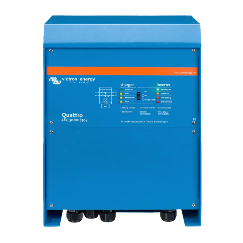 Victron Quattro 48/5000/70-100/100 120V — Inversor/cargador 5000 VA con 2 entradas de CA de 100 A y cargador de 70 A, batería 48 V